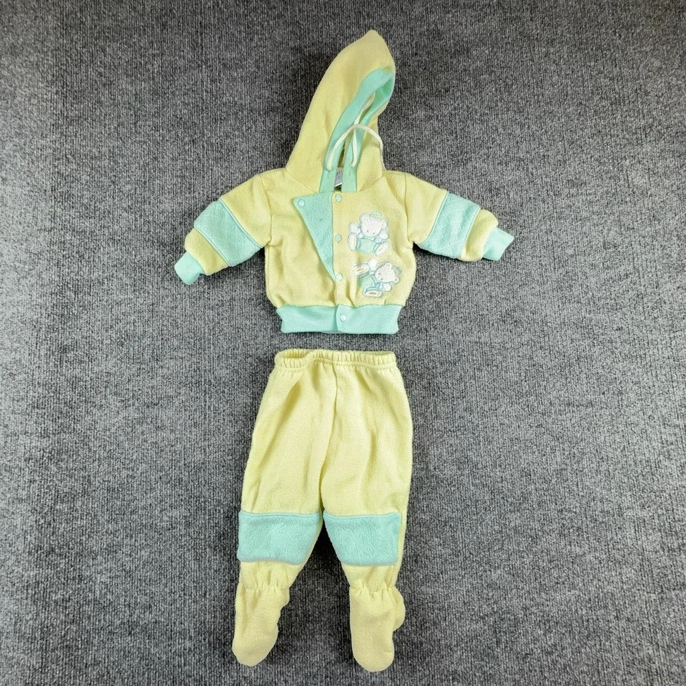 VTG Small Steps Fleece Outfit Set Girls 3-6M Yellow Hooded Teddy Bear 2 Piece